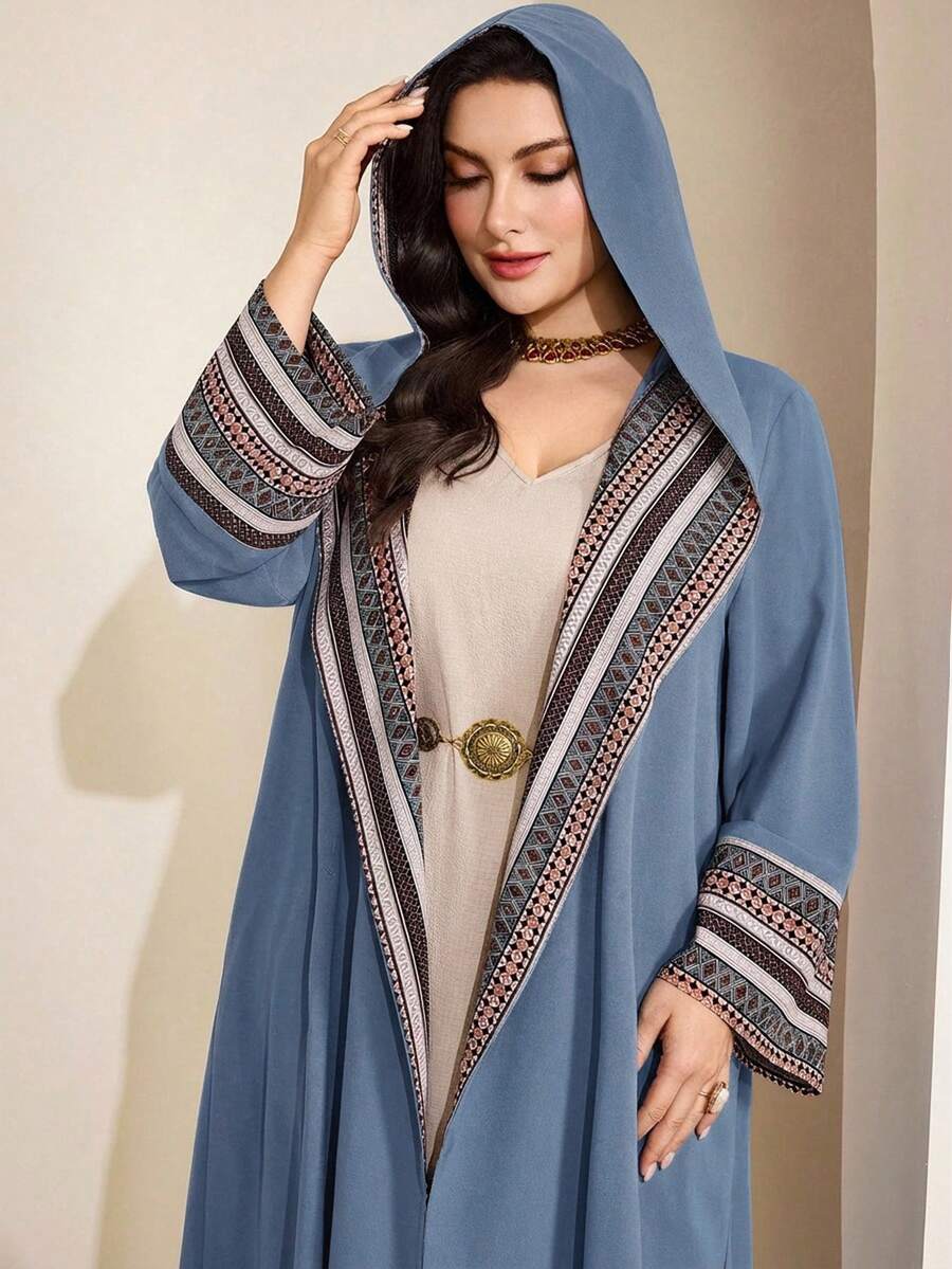 Al Najma 大码复古印花连帽长袖睡袍 - 霧霾藍 - 查看 1
