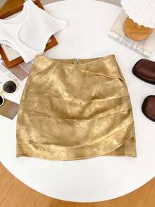Franclia 女士优雅浅金色百褶A字迷你裙，百搭时尚休闲裙，适合夏季、海滩、音乐节、约会、日常穿着、情人节、派对等场合。 - 金色 - 查看 5