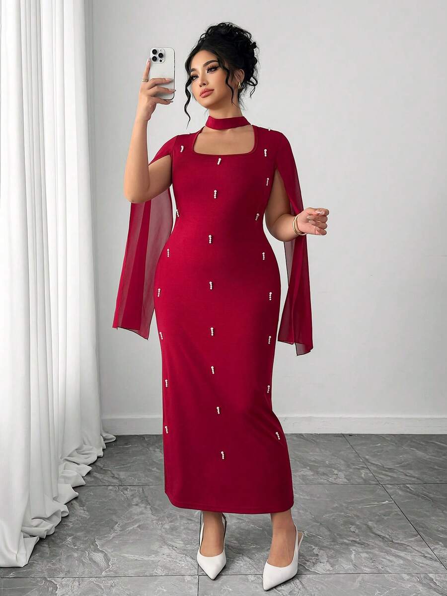 Elenzga 优雅雪纺珍珠装饰拼接连衣裙，修身款式，女士连衣裙 - 酒紅色 - 查看 1