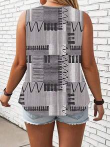 Plus Size Patchwork Printed Casual Crew Neck Sleeveless Top, Daily Wear Women Graphic Tee Top For Summer - Black and White - View 2