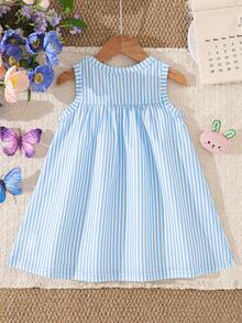 SHEIN Playful Pals Baby Girls' Cute Rabbit Animal Element Sleeveless Dress, Fashion New Style For Spring & Summer - Blue - View 2