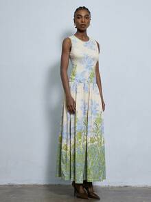 Aveloria Modichic Elegant French Romantic Vintage Fashion Casual Long Fitted Bodycon Colorblock Floral Print Sleeveless Flared Maxi Dress/Floral Placement - Multicolor - View 3