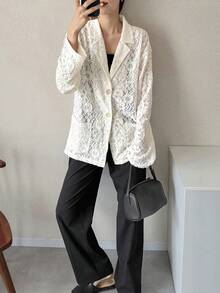 FRIFUL Women's Floral Lace Lapel NeckLong Sleeve Single-Breasted Elegant Blazer - White - View 3