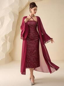 Modelyn Conjunto elegante de 2 piezas para mujer: Chaqueta de manga larga de gasa en borgoña y vestido de línea A con cintura ceñida y escote halter metálico, para primavera/verano - Burdeos - Ver 4