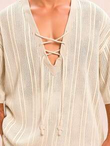 Manfinity BRENVOR Men's Knit Casual Loose Fit V-Neck Short Sleeve Shirt, Fashionable & Daily Wear - Apricot - View 3