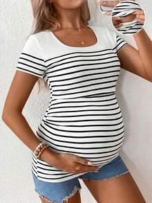 SHEIN Maternity Casual Striped Short Sleeve Fitted Nursing T-Shirt, Summer - Multicolor - View 3