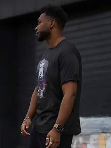 Heavens Edit 男士时尚霸气兔子印花圆领短袖日常休闲流行T恤 - 黑色 - 查看 5