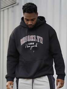 Heavens Edit 男士波士顿字母印花休闲连帽卫衣，返校季，秋冬季，长袖上衣 - 黑色 - 查看 6