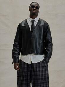 Musero V领略短款落肩皮革开衫式纽扣夹克 冬季必备 - 黑色 - 查看 1