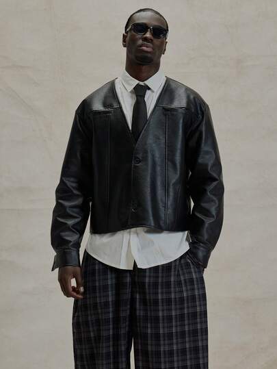 Musero V领略短款落肩皮革开衫式纽扣夹克 冬季必备