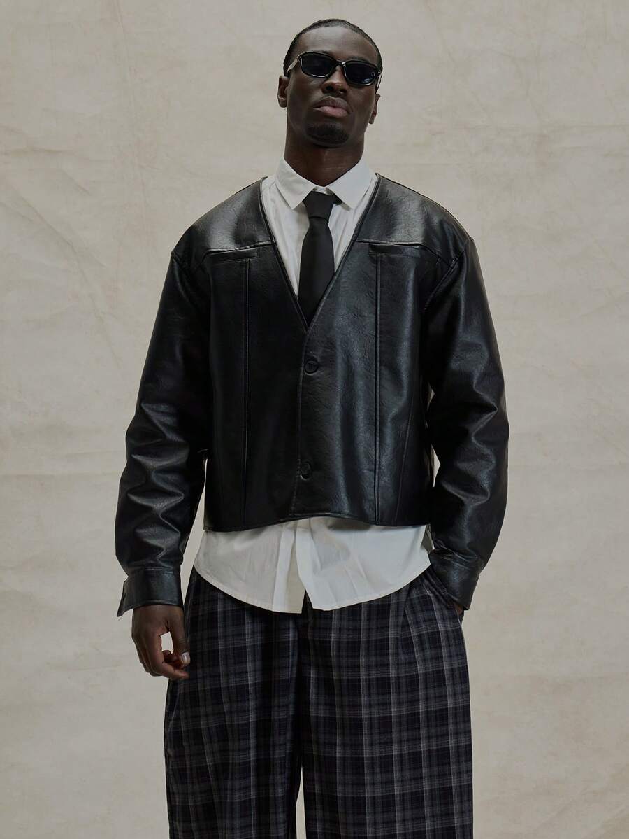 Musero V领略短款落肩皮革开衫式纽扣夹克 冬季必备 - 黑色 - 查看 1