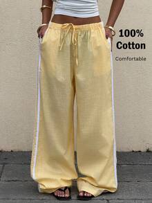 Muchica 女士宽松亚麻拼接休闲裤，浅黄色，春夏款 - 黃色 - 查看 3