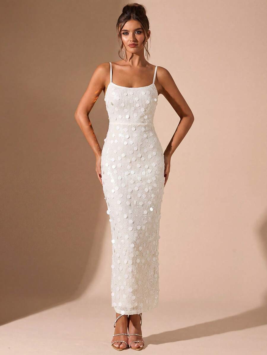 SHEIN BAE 女士亮片吊带露背系带性感优雅鸡尾酒会礼服，适合夜店、派对、正式场合、圣诞节等场合。 - 杏色 - 查看 1