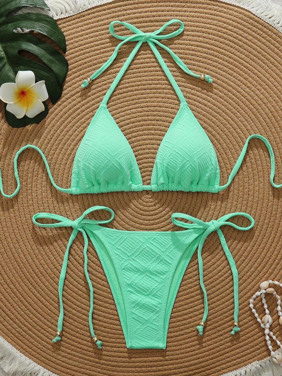 Swim Vcay Bộ bikini buộc dây cổ màu trơn gợi cảm dành cho nữ, bộ bikini mùa hè đi biển, bộ bikini đi nghỉ mát, bộ bikini tam giác, bộ bikini buộc dây, bộ bikini màu trơn. - Màu xanh Bạc hà - Xem 1