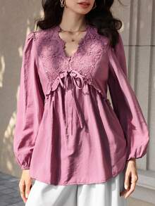 Mulvari Women's Lace Trim Tie Front Lantern Sleeve Casual Blouse, Versatile For Dates And Outings - Purple - View 1