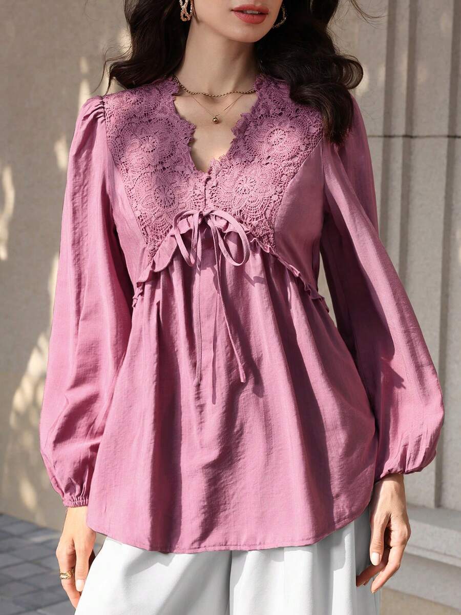 Mulvari Women's Lace Trim Tie Front Lantern Sleeve Casual Blouse, Versatile For Dates And Outings - Purple - View 1
