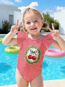 SHEIN 法式复古甜美可爱樱桃蝴蝶结，法式复古红色格子图案，红色系列，泳池写真，女童休闲简约修身吊带泳衣，适合夏季，热带印花，海滩度假亲子写真，母女装，第一次海滩之旅，暑假，美美泳衣，适合拍照发 - 彩色 - 查看 3