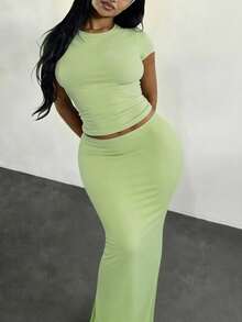 Slaydiva 新款春夏音乐节情人节复活节休闲简约基础款Y2K街头甜美畅销日常约会辣妹风性感运动风返校季圆领短袖天使英文印花露脐短款T恤+修身半身裙H型长裙心形印花薄荷绿套装女装两件套 -A - 薄荷綠 - 查看 11