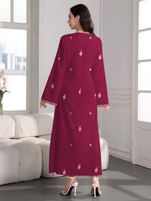 SHEIN Najma Women's Floral & Rhombus Pattern Digital Print V-Neck Flare Sleeve Elegant Arabic Style Dress, Spring/Autumn - Multicolor - View 2