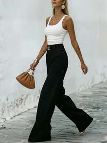 SHEIN Unity Women's Elegant Summer Office Two Piece Outfit,Plain Black And White Scoop Neck Camisole Top And Wide Leg Pants Set With Zipper,Chic Greece Outfits - Black and White - View 3