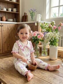 2pcs/Set Toddler Girls Cute Rabbit Print Elegant Ruffle Collar Lantern Sleeve Short Sleeve Cardigan Top And Casual Pants Homewear Set Girls Bunny Pajamas Ruffle Pajamas Girls Sleepwear Cute Sleepwear Pajama Set - Apricot - View 4