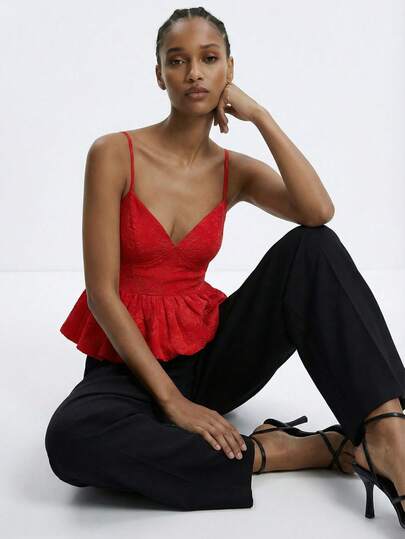 Maija Women's Casual Peplum Embossed Solid Color Casual Camisole Peplum Top Women Red Summer Top Red Top Women Vacation