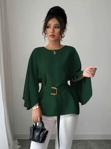 Selianne Women's Round Neck Batwing Sleeve Tie Waist Glossy Red Blouse, Spring/Summer Fall Cloth For Women - Dark Green - View 3