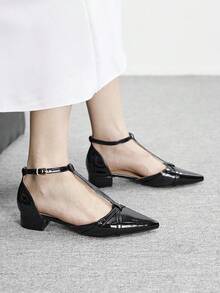 CUCCOO BIZCHIC 女士夏季新款镂空简约优雅粗跟百搭舒适绑带软皮中跟尖头户外凉鞋 - 黑色 - 查看 4