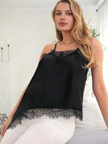 SHEIN Débardeur asymétrique pour femmes enceintes en couleur unie avec dentelle contrastante - Noir - Voir 1