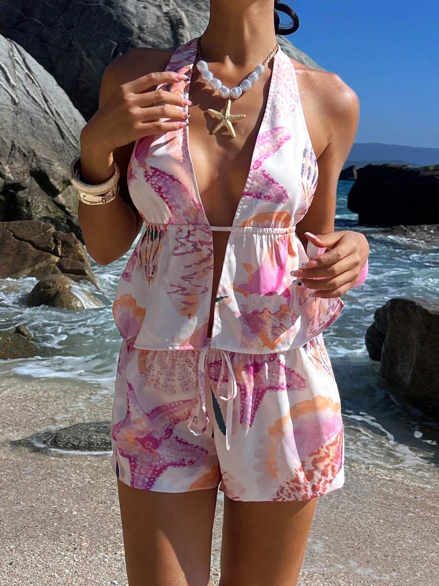 Opulessa 女士雪纺露背吊带上衣和低腰短裤两件套，春夏度假装 - 粉色 - 查看 1