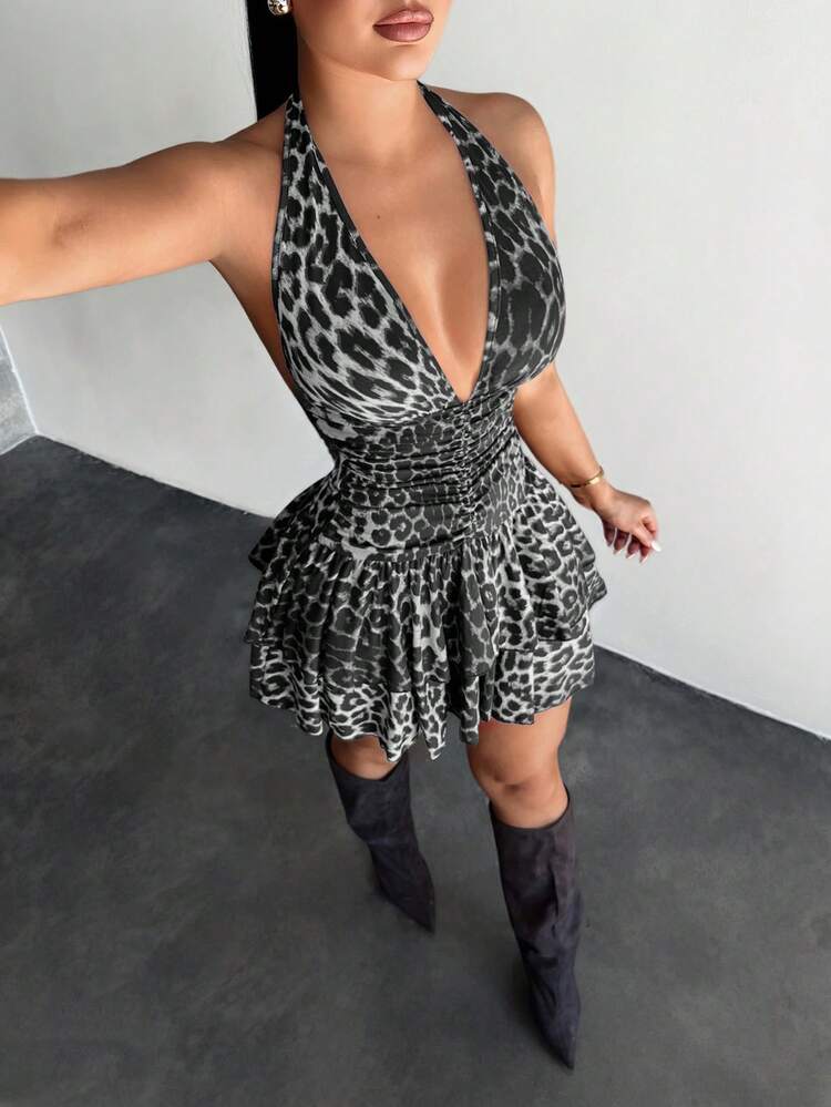 SHEIN SXY 豹纹露背吊带荷叶边连衣裙 - 灰色 - 查看 6