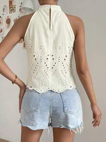 Firerie Áo kiểu không tay xếp ly, màu trơn, thêu rỗng, thanh lịch. - Màu be - Xem 2