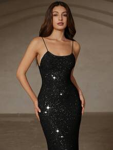 Revavyn Sequin Slip Dress, Minimalist & Elegant Design, Suitable For Evening Gala, Party - Black - View 4