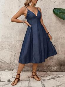 EMERY ROSE 女士深V领褶皱腰身牛仔吊带连衣裙，时尚百搭，适合约会和外出穿着 - 藍色 - 查看 5