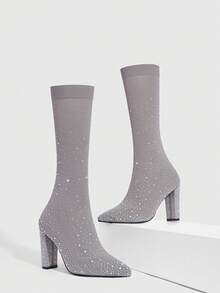 CUCCOO SZL Women Fashion High Heels Pointed Tops Shiny Ankle Boots Halloween, Christmas, Date Night Dresses Valentine's Day - Light Grey - View 3