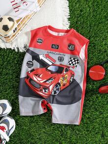 SHEIN Newborn Baby Boy Summer Cute Casual Knitted Cartoon Racing Pattern Romper - Multicolor - View 5