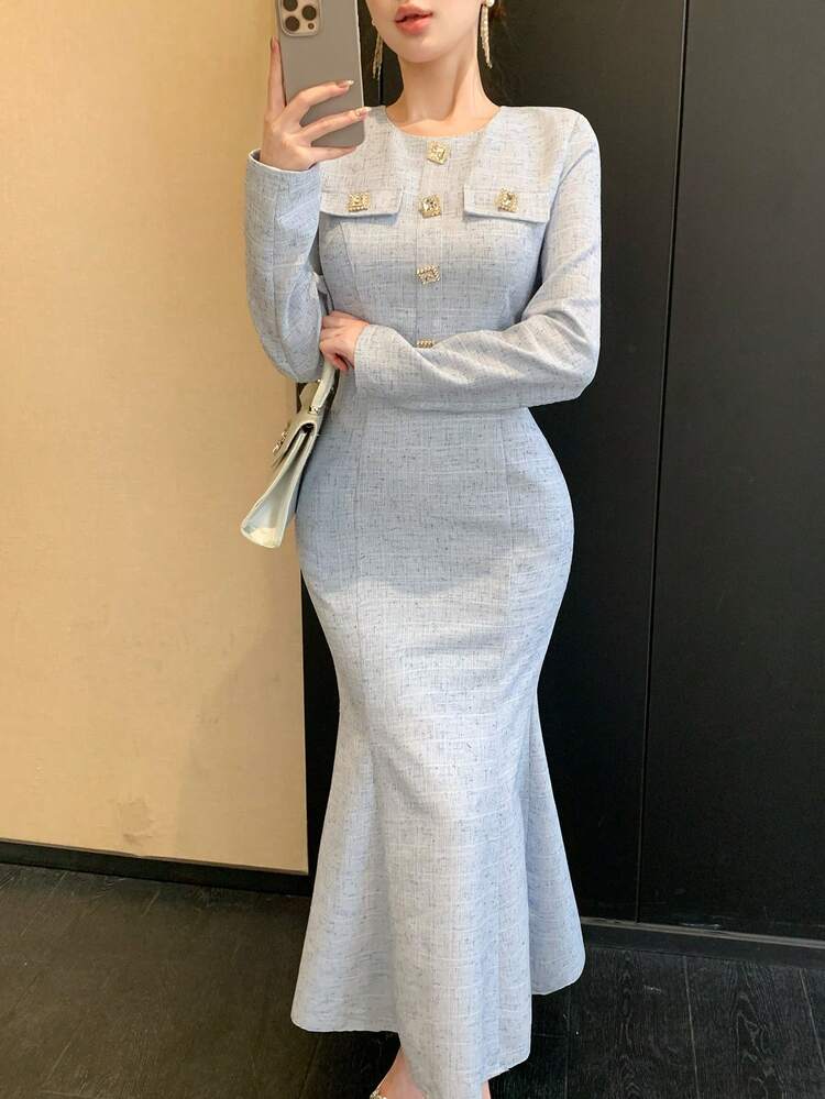 Autumn/Spring Shiny Rhinestone Metal Buckle Decor Dark Base Plaid New Year Christmas Wedding Party Formal Gown Elegant Bodycon Color Block Mermaid Midi Dress For Women