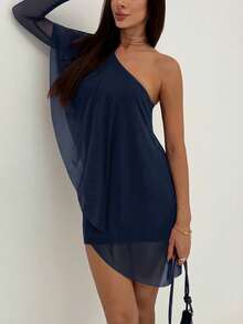 Aloruh Đầm ngắn nữ màu trơn lệch vai tay dài xếp nếp gợi cảm - Màu xanh hải quân - Xem 7