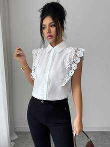Elenzga Áo kiểu nữ dáng tiêu chuẩn mùa xuân/hè, phối ren, họa tiết hoa 3D, thanh lịch. - trắng - Xem 4