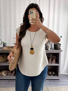 Weeklong Áo sơ mi cổ tròn chất liệu linen-cotton phối ren, có chi tiết ren phía sau - Áo sơ mi thời trang thanh lịch cỡ lớn dành cho công sở và trang phục thường ngày vào mùa xuân và mùa hè. - Màu be - Xem 6