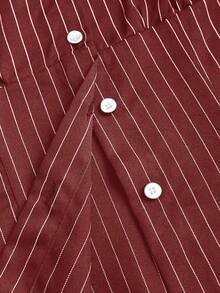 Sweetra Fashionable Contrast Color Textured Button Fitted Waist Flattering Striped Collar Long Sleeve Blouse For Women - Red - View 3