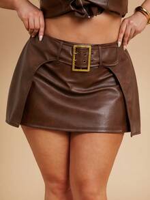 SHEIN BAE Gonna a vita alta vintage da donna taglia comoda per festival musicali, estiva e autunnale, in stile casual con cintura, gonna a metà, in PU, in pelle, adatta per festival musicali, per feste del Giorno dei Morti, per l'estate, per stile western da cowgirl, per concerti country, per Pasqua, gonna corta, estiva, gonna da donna per l'estate - Castano - Visualizzare 7