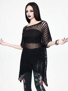 ROMWE Goth Áo len dệt kim lưới khoét lỗ màu đen dành cho nữ, kiểu dáng punk, tay áo cánh dơi dáng rộng, vạt áo không đều, thích hợp cho kỳ nghỉ biển, áo khoác ngoài. - màu đen - Xem 4