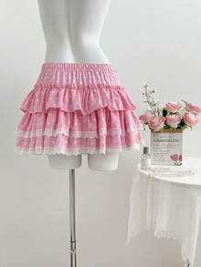 Elamini 1件黑白波点印花低腰蝴蝶结蕾丝荷叶边休闲派对可爱女士迷你裙 - 粉色 - 查看 2