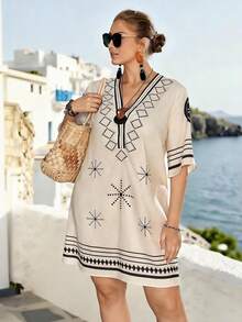 EMERY ROSE Plus Size Women's V-Neck Loose Knee-Length Dress, Printed Linen-Like Fabric, Suitable For Beach Vacation, Spring/Summer - Multicolor - View 3