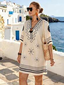 EMERY ROSE Plus Size Women's V-Neck Loose Knee-Length Dress, Printed Linen-Like Fabric, Suitable For Beach Vacation, Spring/Summer - Multicolor - View 5