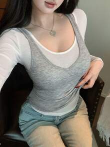 FRIFUL 2pcs Women's One-Shoulder T-Shirt & Camisole Set, Sexy Tight Fitting Outfit, Suitable For Spring To Summer - White - View 7