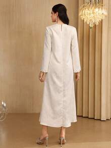 Al Najma Women's Apricot Jacquard Long Sleeve Elegant Rhinestone Embellished Loose Fit Dress - Apricot - View 3