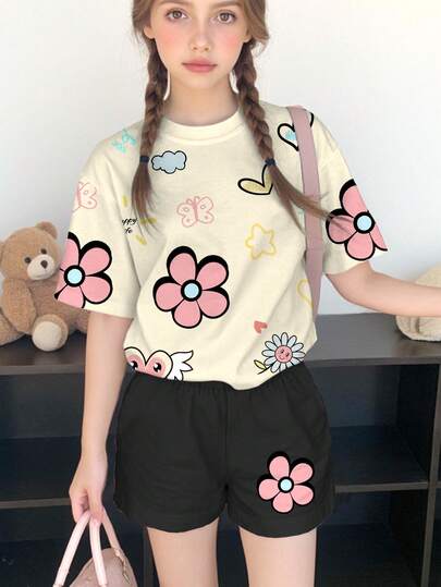 两件套少女休闲碎花、蝴蝶、爱心印花短袖上衣和短裤套装，适合夏季度假