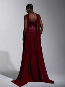 Elitara Elegant Minimalist Burgundy Spaghetti Strap A-Line Backless Formal Evening Gown With Detachable Belt - Burgundy - View 5